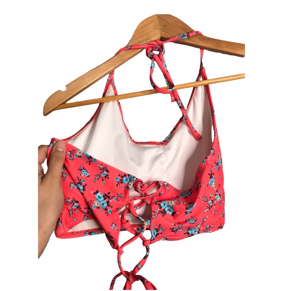Cupshe | Pink Floral Tankini Bikini Top lace Up back halter tie bikini top • - Picture 3 of 7